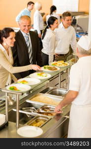 Business people take lunch meal in cafeteria display cabinet