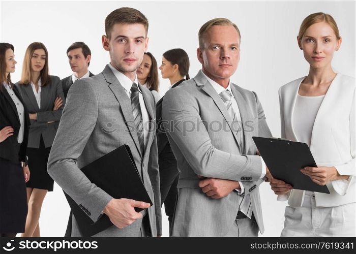 Business people team with contract documents in folders on white background. Business team with documents