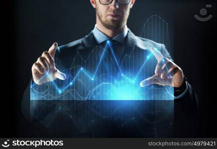 business, people, technology and cyberspace concept - close up of businessman in suit working with virtual diagram over black background. close up of businessman with virtual diagram