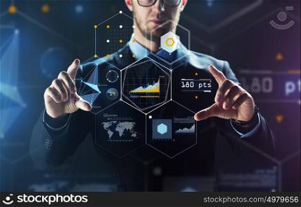 business, people, technology and cyberspace concept - close up of businessman in suit working with virtual reality screen and virtual screen projection over black background. close up of businessman touching virtual screen