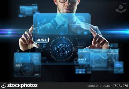 business, people, technology and cyberspace concept - close up of businessman in suit working with virtual reality screen and virtual screen projection over black background. close up of businessman touching virtual screen. close up of businessman touching virtual screen