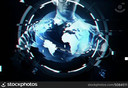 business, people, technology and cyberspace concept - close up of businessman in suit working with earth projection over virtual glitch effect. close up of businessman with earth projection. close up of businessman with earth projection