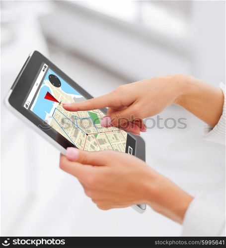 business, people, technology and navigation concept - close up of female hands with gps navigator map on tablet pc computer