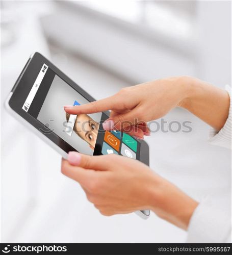 business, people, technology and networking concept - close up of female hands with internet browser search bar on tablet pc computer screen