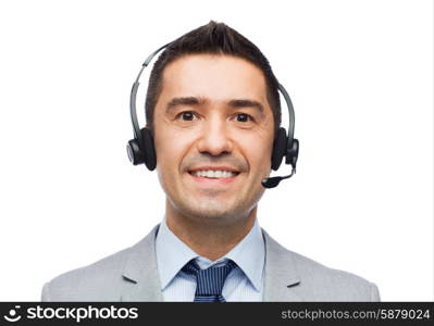 business, people, technology and service concept - smiling businessman in headset