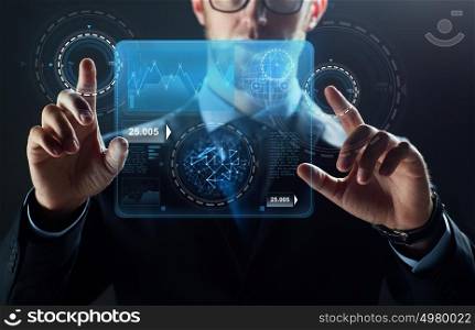 business, people, technology and statistics concept - close up of businessman in suit working with diagram chart on virtual screen over black background. close up of businessman touching virtual screen