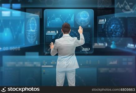 business, people, technology, cyberspace and future concept - businessman working with virtual screens