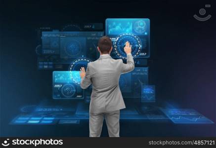 business, people, technology, cyberspace and future concept - businessman working with virtual screens