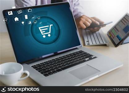 Business people use Technology E-commerce Internet Global Marketing Purchasing Plan and Bank Concept
