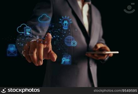 Business people use the internet to network and search information on their mobile devices using artificial intelligence. Technology concepts include storing large data warehouses on cloud computing.