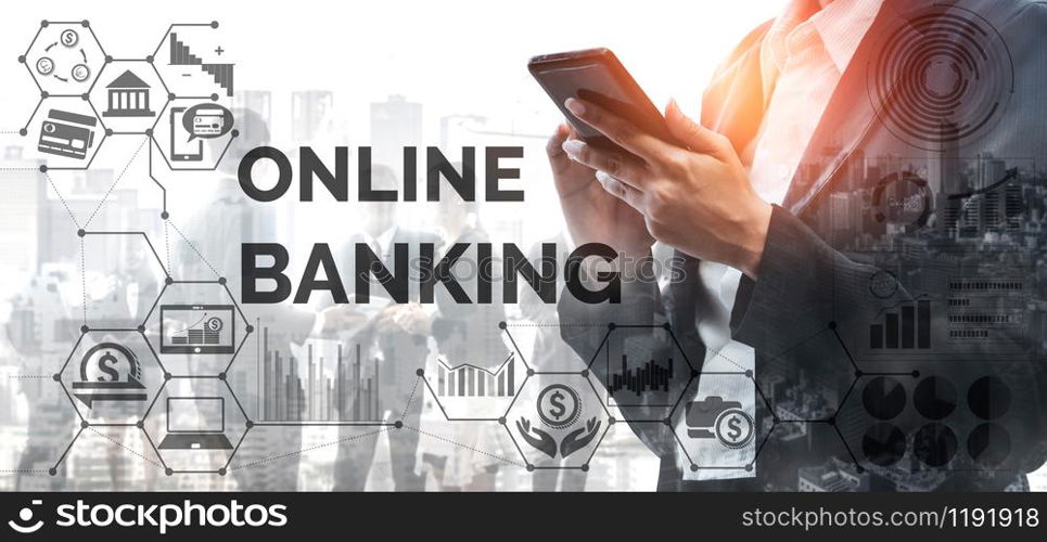 Business people using online banking on application in mobile phone device connected to internet. Concept of digital economy, e-payment, and online banking.