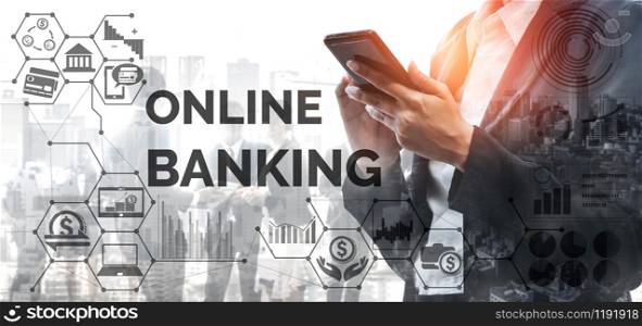 Business people using online banking on application in mobile phone device connected to internet. Concept of digital economy, e-payment, and online banking.