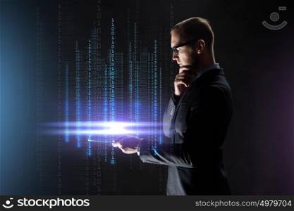 business, people, virtual reality, cyberspace and future technology concept - businessman with transparent tablet pc computer and binary code projection over black background. businessman with transparent tablet pc