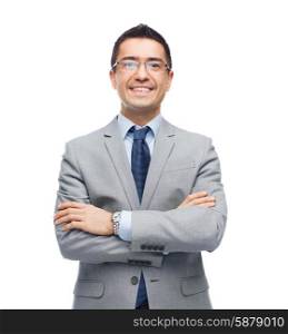 business, people, vision and office concept - happy smiling businessman in eyeglasses and suit