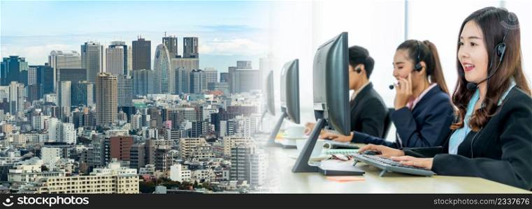 Business people wearing headset working in office in widen view to support remote customer or colleague. Call center, telemarketing, customer support agent provide service on telephone video call.. Business people wearing headset working in office in widen view