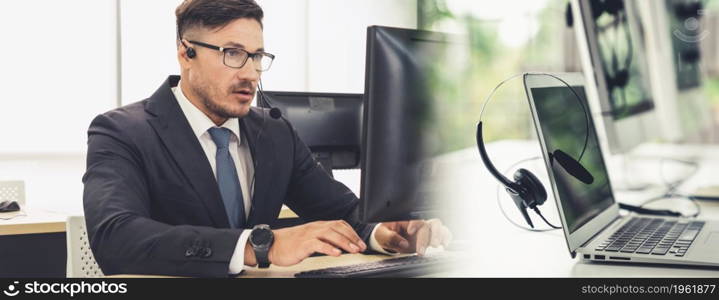 Business people wearing headset working in office to support remote customer or colleague. Call center, telemarketing, customer support agent provide service in broaden view .. Business people wearing headset working in office broaden view