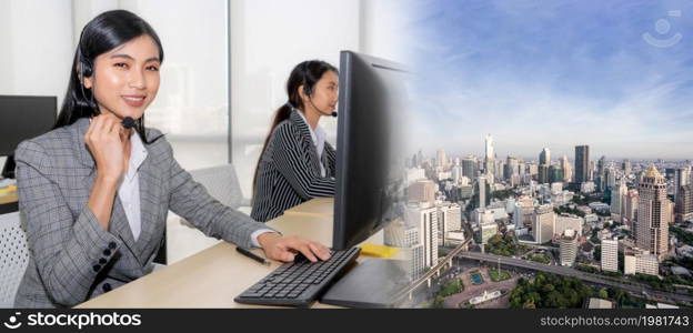 Business people wearing headset working in office to support remote customer or colleague. Call center, telemarketing, customer support agent provide service in broaden view .. Business people wearing headset working in office broaden view