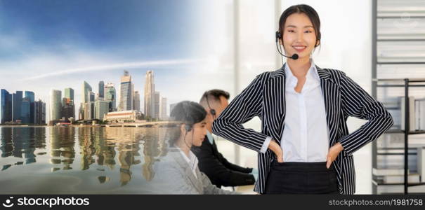 Business people wearing headset working in office to support remote customer or colleague. Call center, telemarketing, customer support agent provide service in broaden view .. Business people wearing headset working in office broaden view