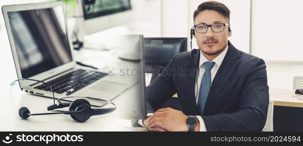 Business people wearing headset working in office to support remote customer or colleague. Call center, telemarketing, customer support agent provide service in broaden view .. Business people wearing headset working in office broaden view