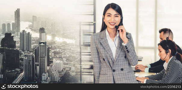 Business people wearing headset working in office to support remote customer or colleague. Call center, telemarketing, customer support agent provide service in broaden view .. Business people wearing headset working in office broaden view