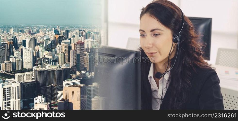 Business people wearing headset working in office to support remote customer or colleague. Call center, telemarketing, customer support agent provide service in broaden view .. Business people wearing headset working in office broaden view