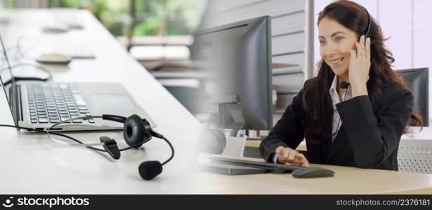 Business people wearing headset working in office to support remote customer or colleague. Call center, telemarketing, customer support agent provide service in broaden view .. Business people wearing headset working in office broaden view