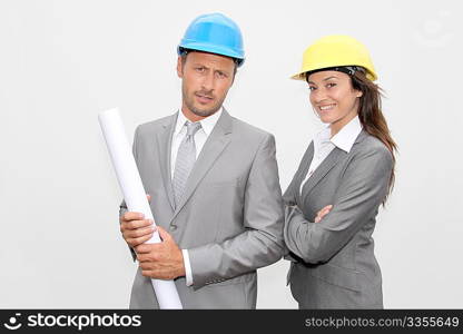 Business people with security helmet on white background