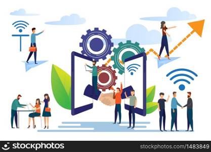 business people with smartphone concept modern business vector illustration. man checking mobile phone and discussion. communication and internet of think. partner and Entrepreneur.