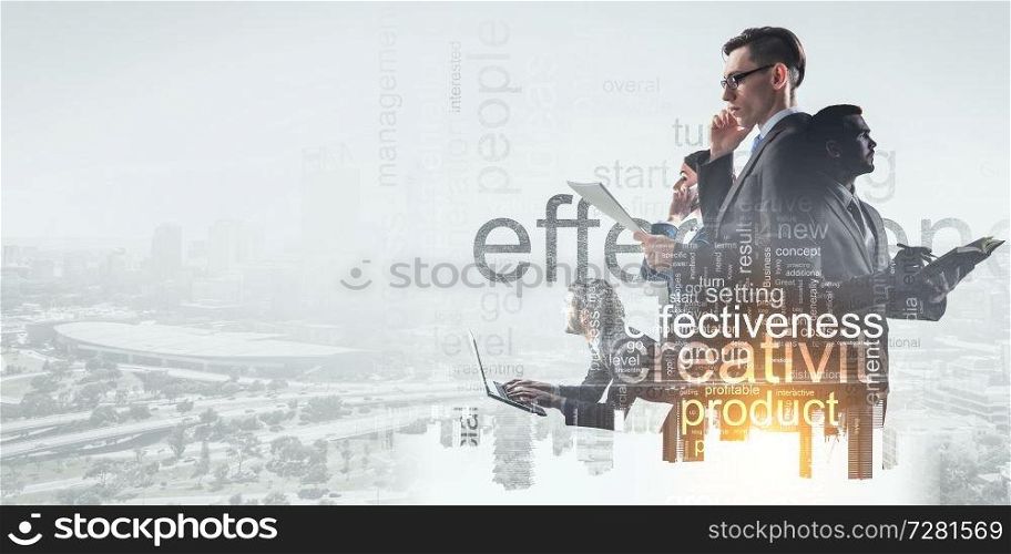 Business people working in office on cityscape background. Business team working in office