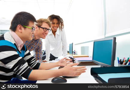 Business people young multi ethnic team in a computer desk office