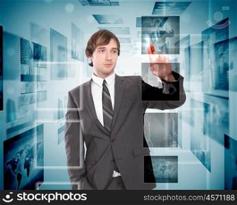 business person with virtual digital screens all around