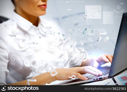 Business person working on computer against technology background