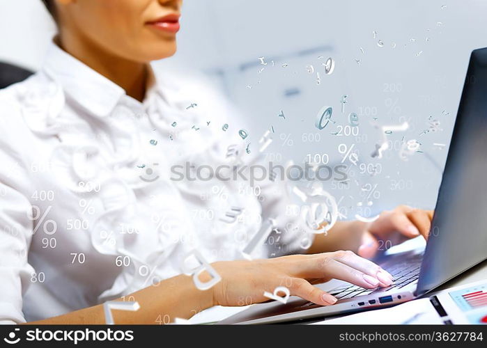 Business person working on computer against technology background