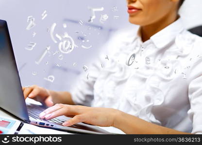 Business person working on computer against technology background