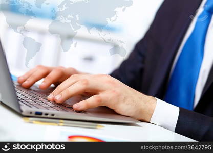 Business person working on computer against technology background