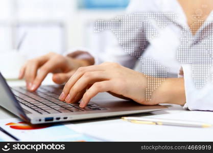 Business person working on computer against technology background