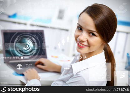 Business person working on computer against technology background