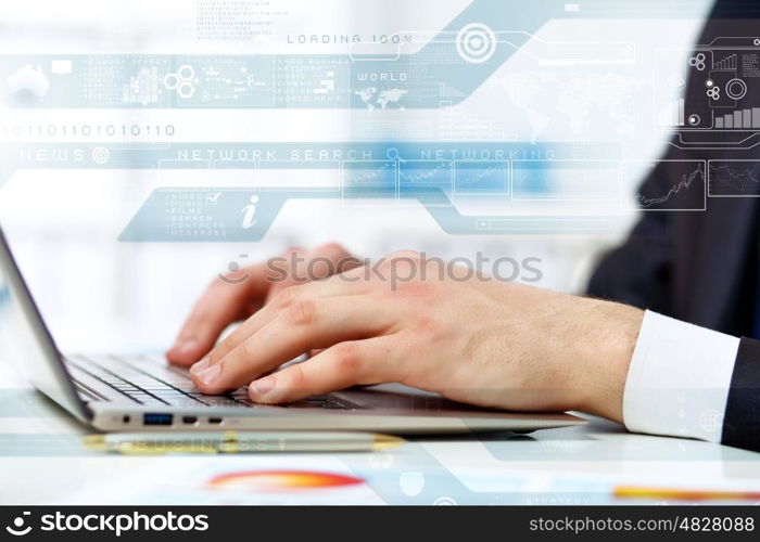 Business person working on computer against technology background