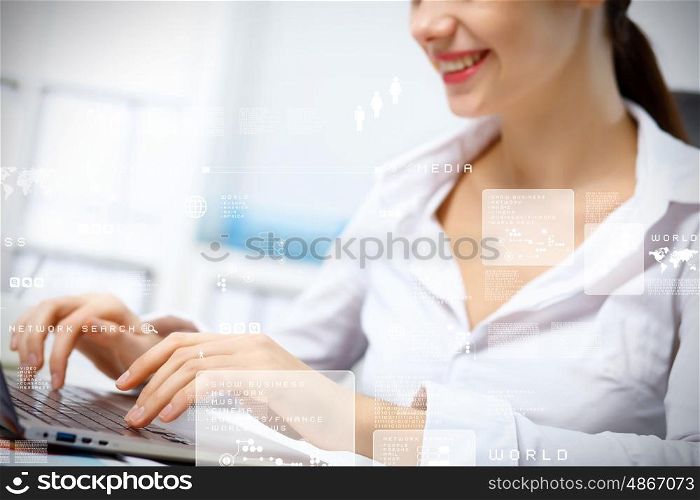 Business person working on computer against technology background
