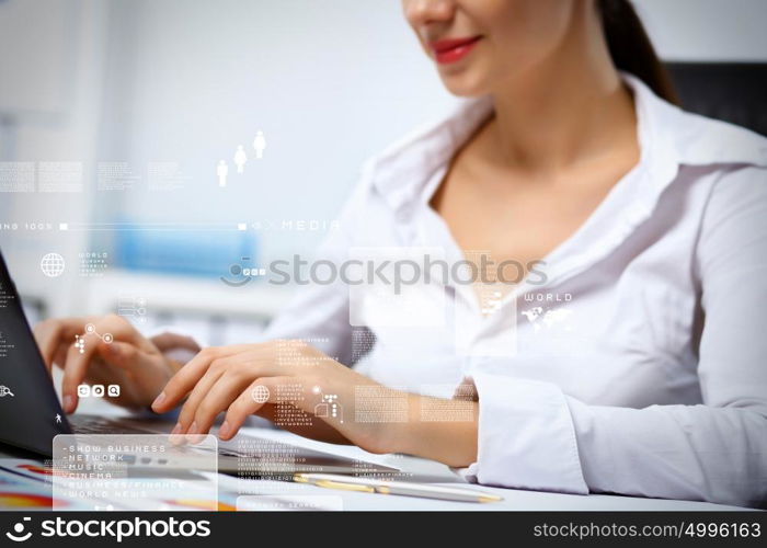 Business person working on computer against technology background