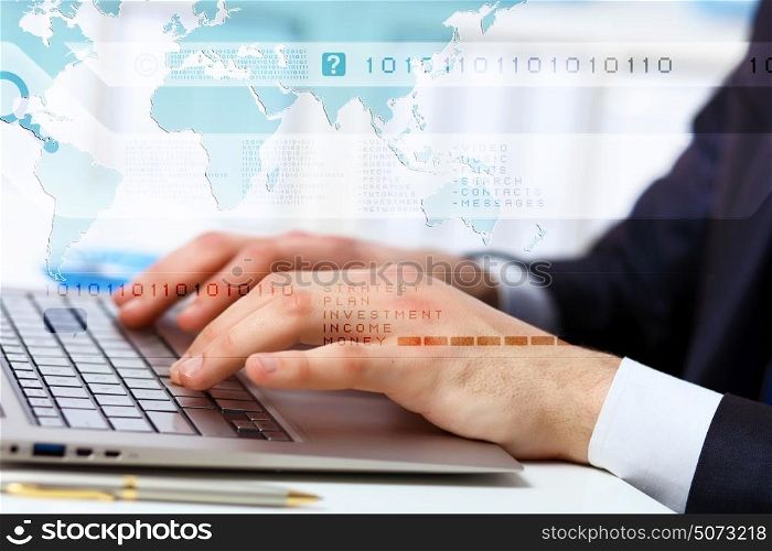 Business person working on computer against technology background