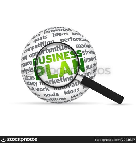 Business Plan 3d Word Sphere with magnifying glass on white background.