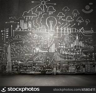 Business plan. Background conceptual image with business sketches on wall
