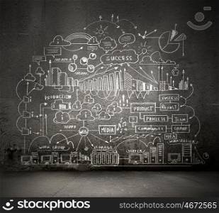 Business plan. Background conceptual image with business sketches on wall