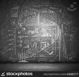 Business plan. Background conceptual image with business sketches on wall