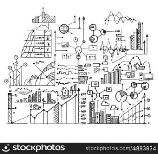 Business plan. Background conceptual image with business sketches on white background