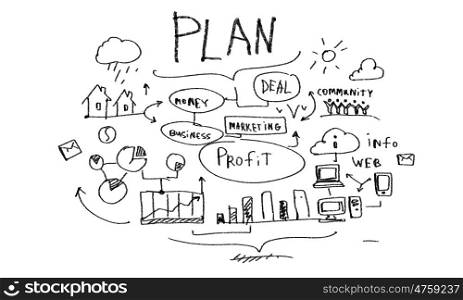 Business plan. Background image with business sketches on white backdrop