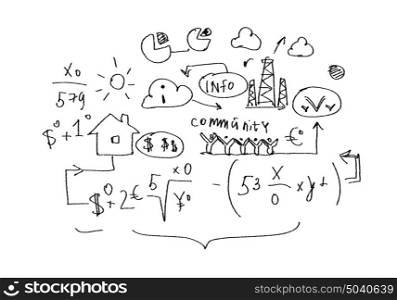 Business plan. Background image with business sketches on white backdrop