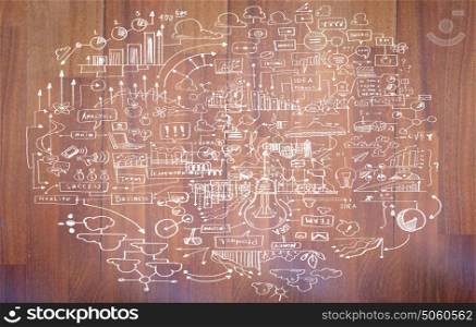 Business plan. Business ideas and sketch on wooden surface