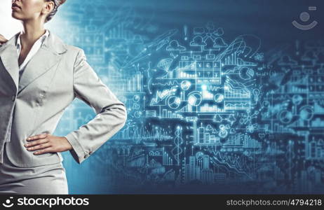 Business plan. Businesswoman against sketch background. New idea and strategy